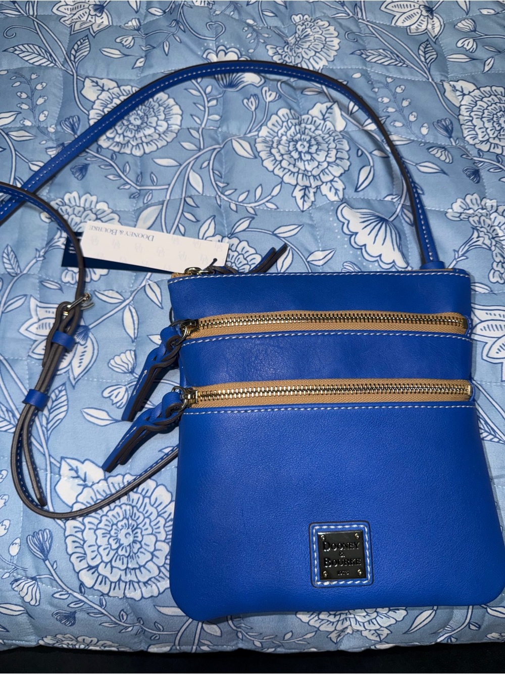 Dooney & Bourke Cobalt Blue Leather Crossbody with Gold Zippers